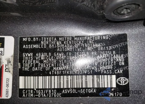 2014 Toyota Camry Xle из США, поврежденный, VIN 4T4BF1FK8ER337751